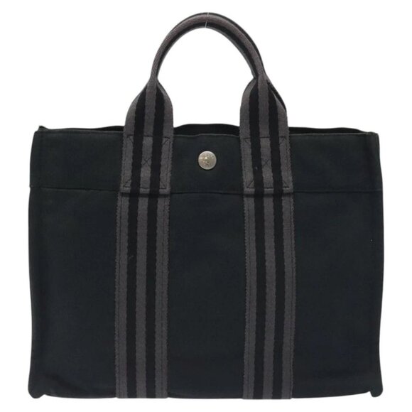 HERMES Fourre Tout PM Hand Bag Canvas Black Gray Silver Auth ti3266 - Picture 3 of 14